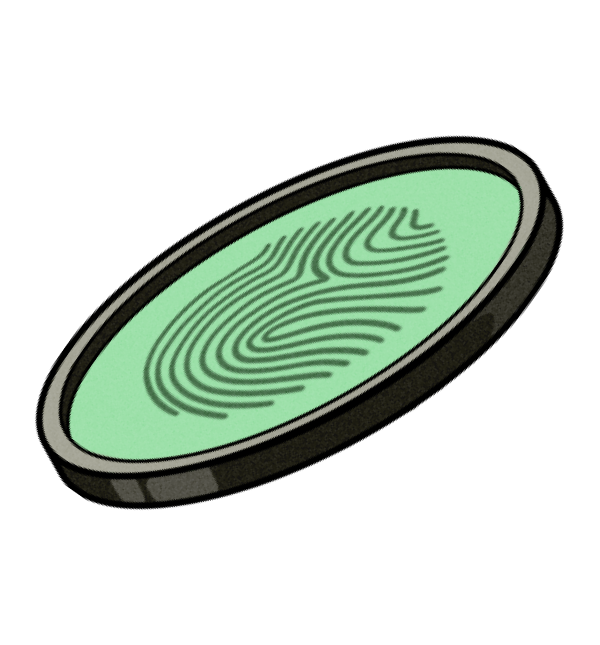 A finger print on a green lense representing identification